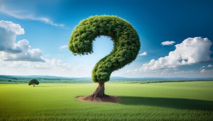 Question mark tree formed entirely from lush, green grass. Symbolizes environmental questions, sustainability, and nature-related inquiries, eco-friendly nature