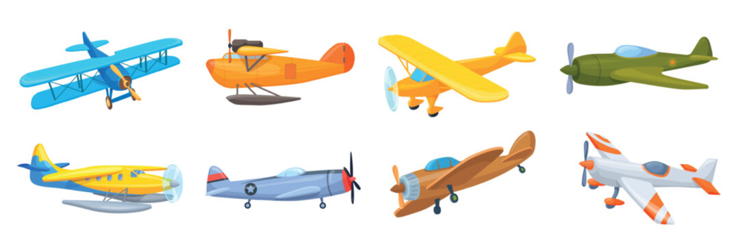 Old retro planes. Vintage plane transportation, aeroplane biplane sport civil or military aviation historic air vehicles propeller aircraft flight cartoon neat vector illustration