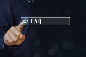 Concept of FAQ, frequently, asked, questions and topic. A man touching the magnifying glass icon with the word FAQ