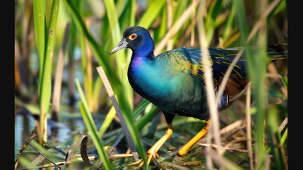 Fototapeta premium Vibrant Purple Gallinule Bird Walking Among Lush Green Wetland Vegetation in Natural Habitat