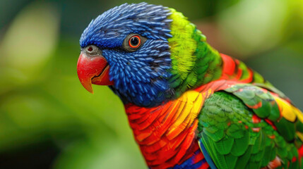 Naklejka premium Vibrant Rainbow Lorikeet Perched on a Branch in Lush Greenery, Showcasing Its Brightly Colored Feathers and Curious Expression