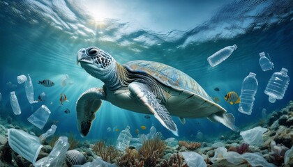 Obraz premium Ocean water polluted with floating plastic waste, highlighting the environmental crisis of marine pollution and the urgent need for ocean conservation. Water pollution in ocean. Global warming