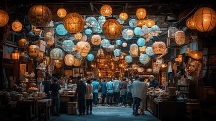 A bustling marketplace filled with colorful lanterns, crowds of people shopping, and a variety of goods.