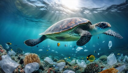 Obraz premium Ocean water polluted with floating plastic waste, highlighting the environmental crisis of marine pollution and the urgent need for ocean conservation. Water pollution in ocean. Global warming