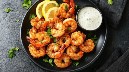 Fototapeta premium Crispy Fried Shrimp with Fresh Lemon Slices and Creamy Dipping Sauce on a Black Plate Surrounded by Green Parsley on a Dark Stone Background