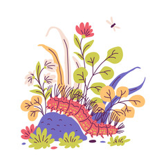 Obraz premium Cartoon fluffy caterpillar on colorful summer floral background, vector cute worm insect crawling doodle drawn with plants