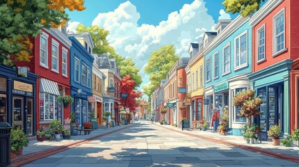 Obraz premium vector illustration of a street lined with charming shop buildings, captured in a colorful and inviting style, illustrating a lively shopping atmosphere and community vibe