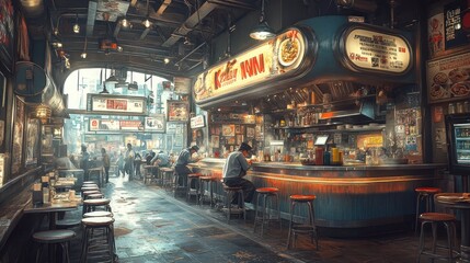 A bustling street food market with a bar in the foreground.