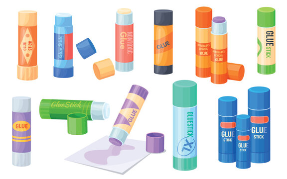 Glue sticks. Cartoon gluestick, school stationery coller DIY tool glues sticks for paper fourniture glueing, adhesive pencil for kindergarten needlework neat vector illustration