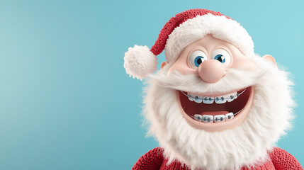 Santa Claus, sporting a shiny set of braces, flashes a cheerful smile, radiating festive joy. His traditional red suit and white beard are complemented by the playful glint of his dental hardware, add