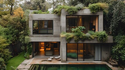 Flat roof concrete home with spacious parking, poolside area, and stunning landscaping in a serene modern setting
