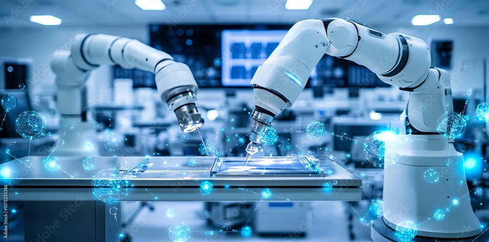 Poster two robotic arms with futuristic, glowing blue particles moving in a factory environment.