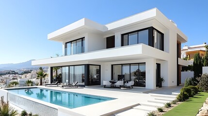 Fototapeta premium Luxury flat roof home featuring a large pool, wide concrete facade, generous parking, and vibrant landscaping in 3D visualization