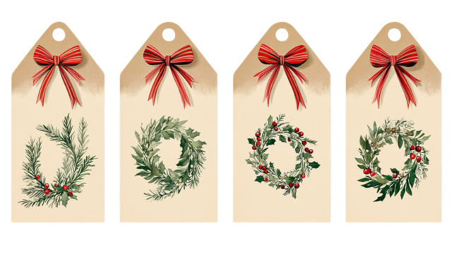 Vintage Christmas Gift Tags with Holly Wreaths and Red Bows