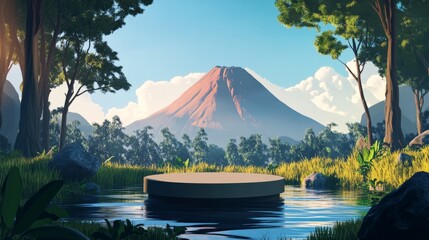 A minimalist empty podium in the middle of nature. empty stage for organic products