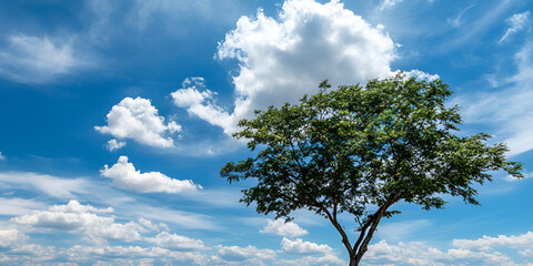 Lone Tree under Blue Sky with Fluffy White Clouds