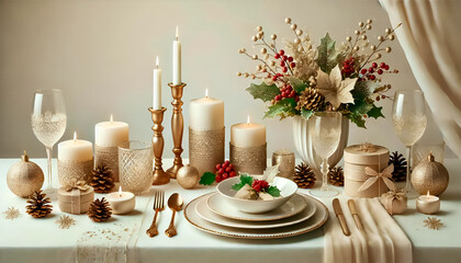 Elegant Christmas Dinner Table Setup with Festive Tableware and Decor: Candles, Pine-cones, and Holly Centerpiece Scene