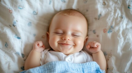 A peaceful baby sleeping soundly on a bed with soft, cozy bedding. The soft colors and textures of the bedspread create a sense of security and tranquility.