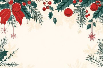 elegant vintage Christmas banner design in a red green  palette, with classic holiday illustrations, beige minimal background with copy space 