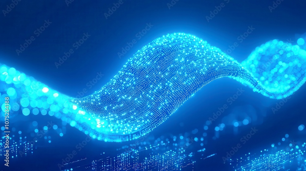 Poster glowing abstract wave of particles, a dynamic flow of luminous dots on a deep blue backdrop, symboli