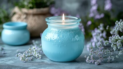 Fototapeta premium Serene Blue Candle in a Floral Setting for Tranquil Ambiance
