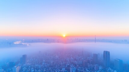 Aerial Hyperlapse of Tokyo at Sunrise, dynamic cityscape transitioning from night to day, vibrant colors illuminating skyscrapers, serene atmosphere with blurred text and logo, expansive free space.