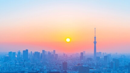 Naklejka premium Aerial Hyperlapse of Tokyo at Sunrise, Captivating cityscape showcasing vibrant colors, dynamic skyline, serene atmosphere, tranquil dawn over urban landscape