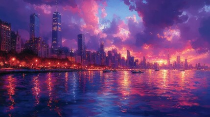 vibrant cityscape at dusk, showcasing a blend of modern skyscrapers and classic architecture, with glittering lights reflecting on water, creating a dynamic and lively urban atmosphere