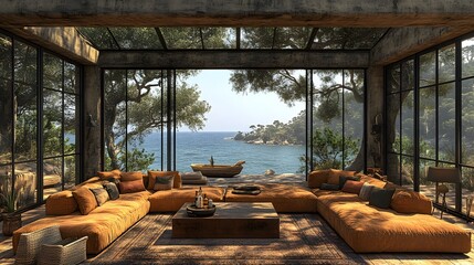 Loft living room with industrial decor, large metal-framed windows, and contemporary furniture, 3d render