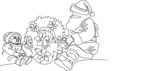 Character With A Sack Full Of Gifts. Vector Hand Drawn Illustration. One continuous line drawing Santa Claus on reindeer and sled. concept for Christmas and New Year