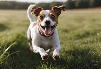 A happy Jack Russell Terrier runs towards the camera with its tongue out and ears perked up in a grassy field