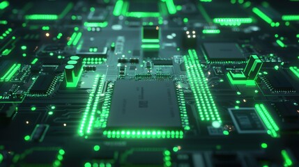 Fototapeta premium A close-up of a circuit board with glowing green elements, representing technology and innovation.