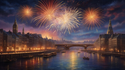 Naklejka premium On a frosty NEW YEAR evening, a shimmering cityscape comes to life under a blanket of twinkling stars. The intricate details of the bustling streets below are captured in a breathtakingly