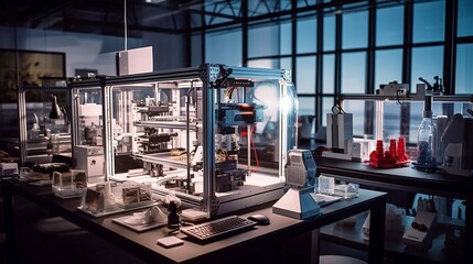 Fototapeta premium A photo of a 3D printing lab with various printed objective