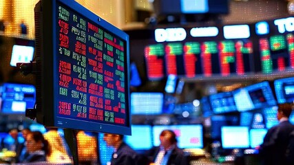 Close-up of a stock ticker with numbers, in a room with people. - Powered by Adobe