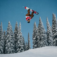 A snowboarder performs a backflip, upside down, against a backdrop of snow-covered trees and a clear blue sky.