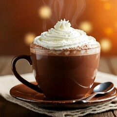 Close-up of a steaming cup of cocoa topped with whipped cream, resting on a saucer with a spoon.