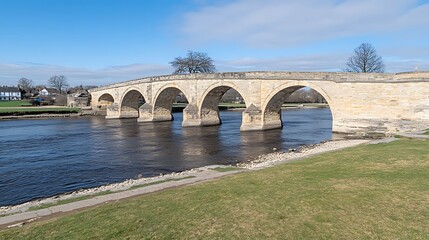 Fototapeta premium Stone Arch Bridge over a River with Green Grass and Blue Sky