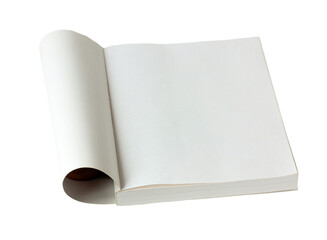 open book with a blank page, isolated on a white background. a brochure or a paperback album. the creator of the scene, the layout of the printing house, the mockup.