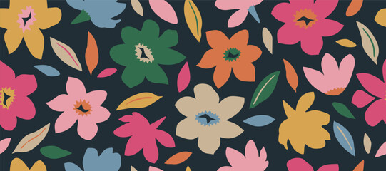 Abstract hand drawn flowers, seamless patterns with floral for fabric, textiles, clothing, poster, cover, banner, wall art, home decor, background. Vector illustration.