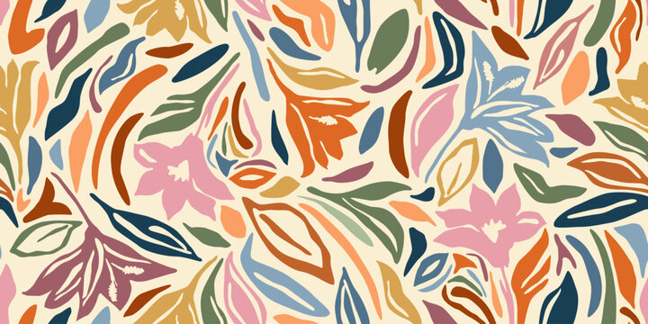 Abstract hand drawn flowers, seamless patterns with floral for fabric, textiles, clothing, poster, cover, banner, wall art, home decor, background. Vector illustration.