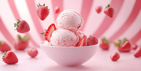 Delicious pink strawberry ice cream with falling strawberries on pink background