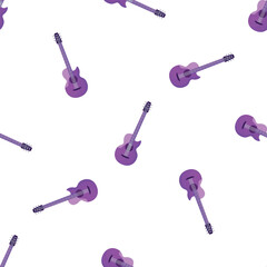 Purple acoustic guitars creating a seamless pattern on a white background, ideal for music themed designs
