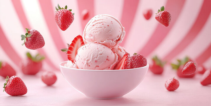 Delicious pink strawberry ice cream with falling strawberries on pink background