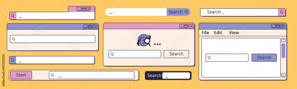 Poster retro search interface. vintage browser internet searching bar ui, website engine web page technolog
