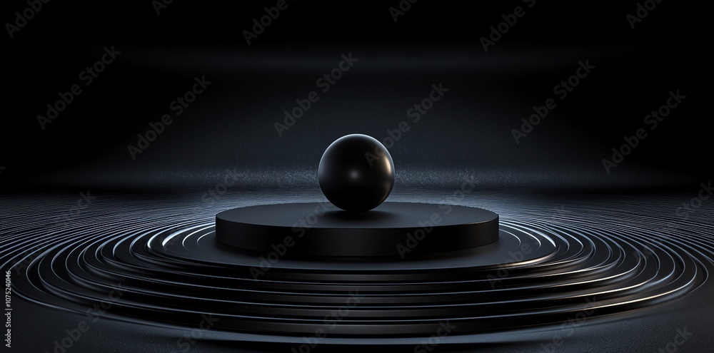 Poster A black sphere sits on a black circular platform surrounded by concentric circles on a dark background.