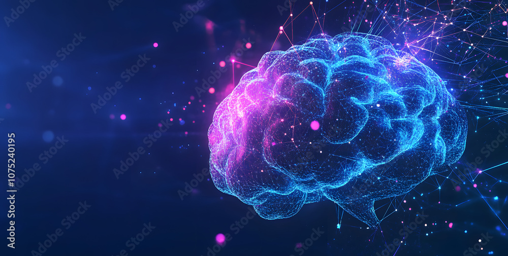 Poster A digital abstract background with glowing blue and purple connections forms the shape of an AI brain on a dark gradient, ideal for tech presentations and social network banners.