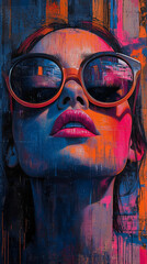 Vibrant artistic portrait of woman in neon sunglasses, vertical collage wallpaper