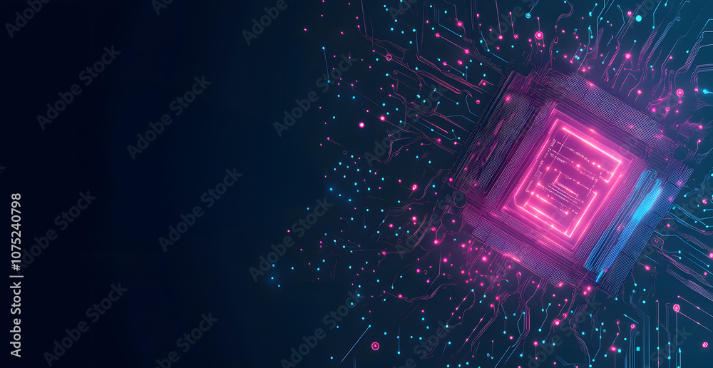 Poster A digital abstract background with glowing blue and purple connections forms the shape of an AI brain on a dark gradient, ideal for tech presentations and social network banners.