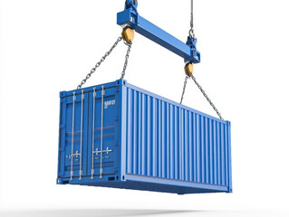 Crane lifting blue shipping container on white background